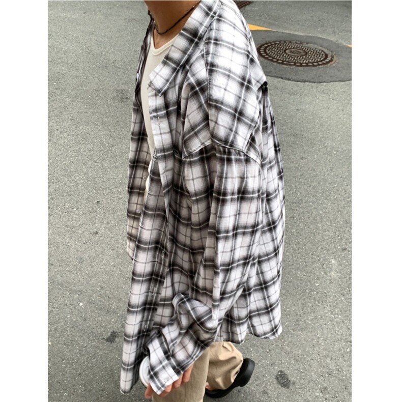 格子衬衫男长袖春季宽松休闲衬衣翻领复古cleanfit外套828P50,男装衬衫,星座710