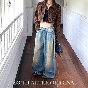 美式高街复古做旧水洗蓝泼墨设计破洞牛仔裤男女宽松直筒长裤图片