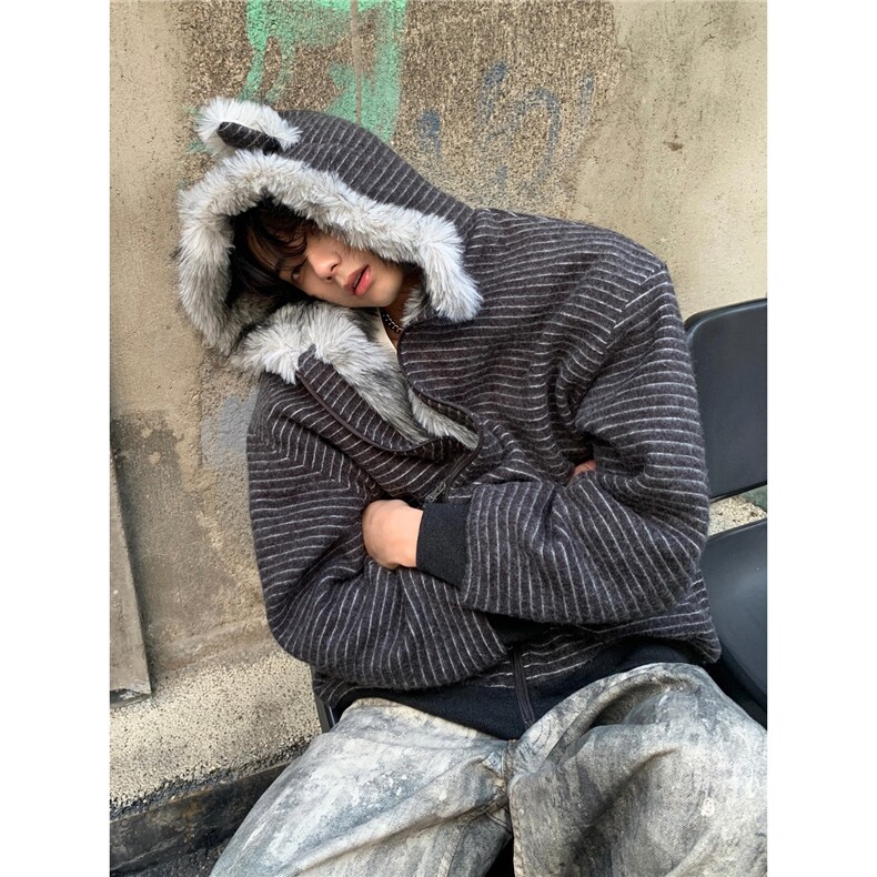 网图美潮大毛领兔耳朵座山雕棉服外套W1932/特P105,男装棉衣,电商B350