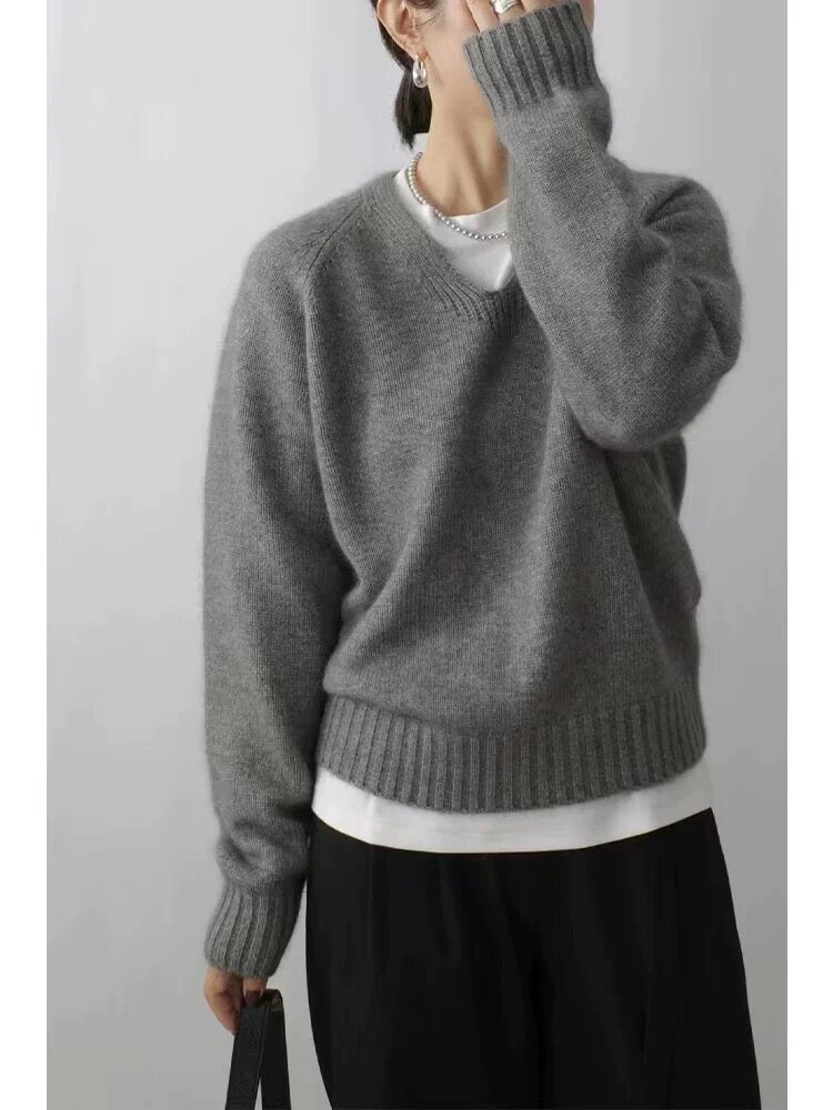 时尚女士羊毛衫V领简约休闲舒适秋冬保暖百搭款，女装羊毛衫，千御纺羊绒