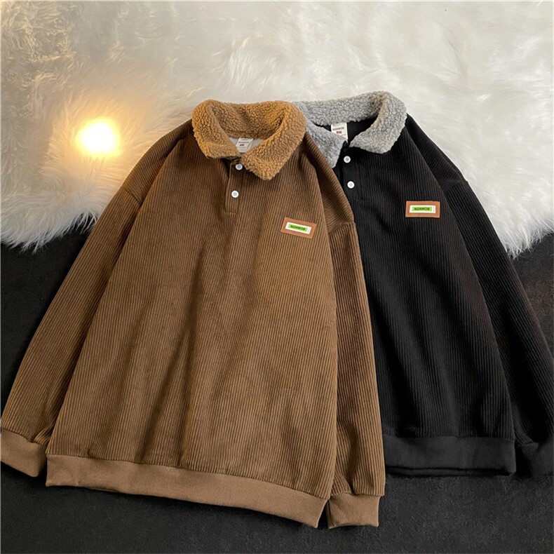 灯芯绒Polo领卫衣男款加绒加厚羊羔毛外套男冬季港风MY0103-P48,男装卫衣,星座308B-1