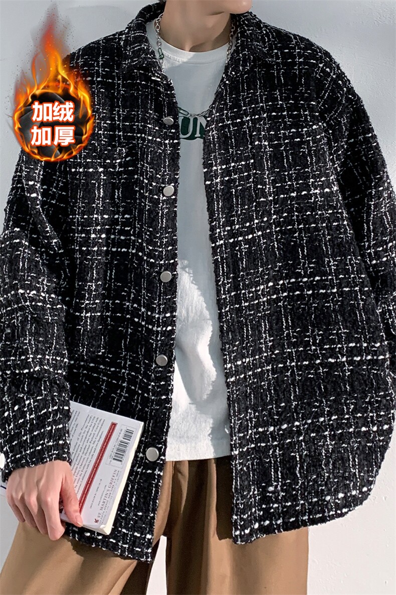宽松加绒加厚夹克男潮流千鸟格翻领长袖外套J25025J加绒-P80控118,男装夹克,电商A001