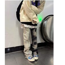 美式街头破洞毛边拼接牛仔裤男女春秋季宽松休闲撞色百搭微喇叭裤，男装牛仔裤，星座506A