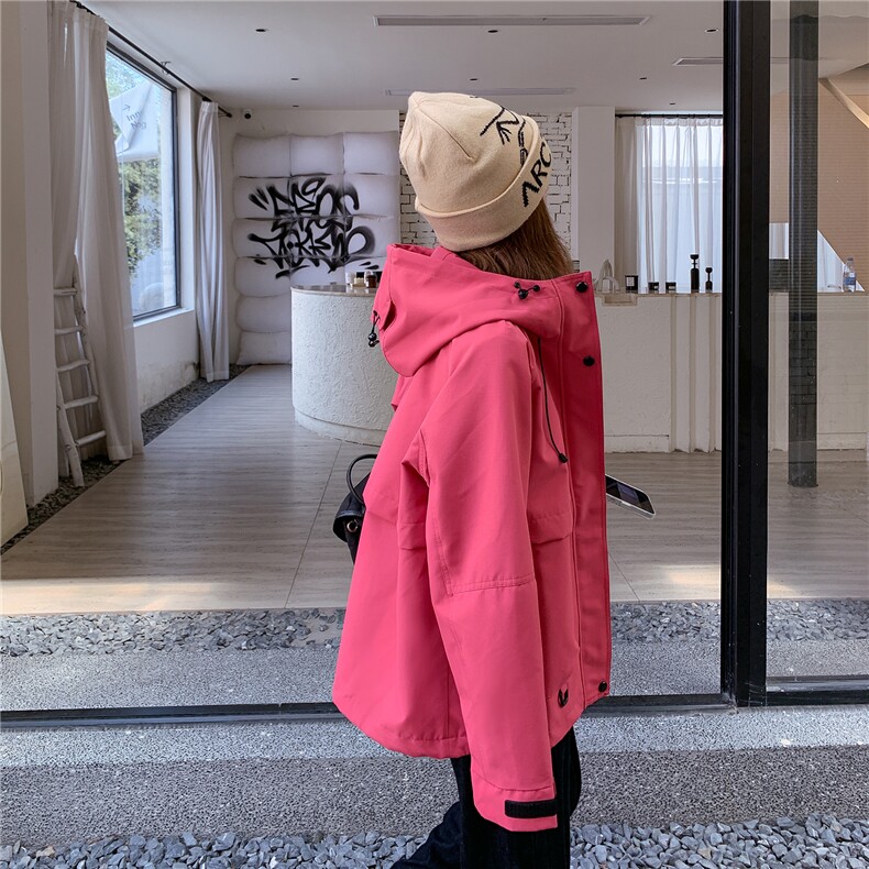 韩系撞色拼接休闲玫红色冲锋衣外套女春秋2025新款独特超好看上衣,女装大码女装,2B154