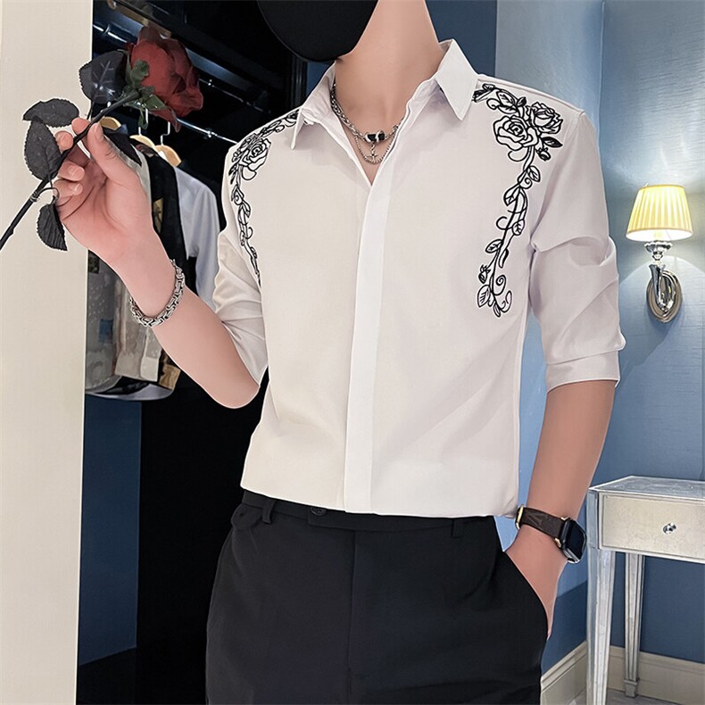男士夏季新款男士绣花七分袖衬衫男韩版修身衬衣301A-1/CS407/P55图片