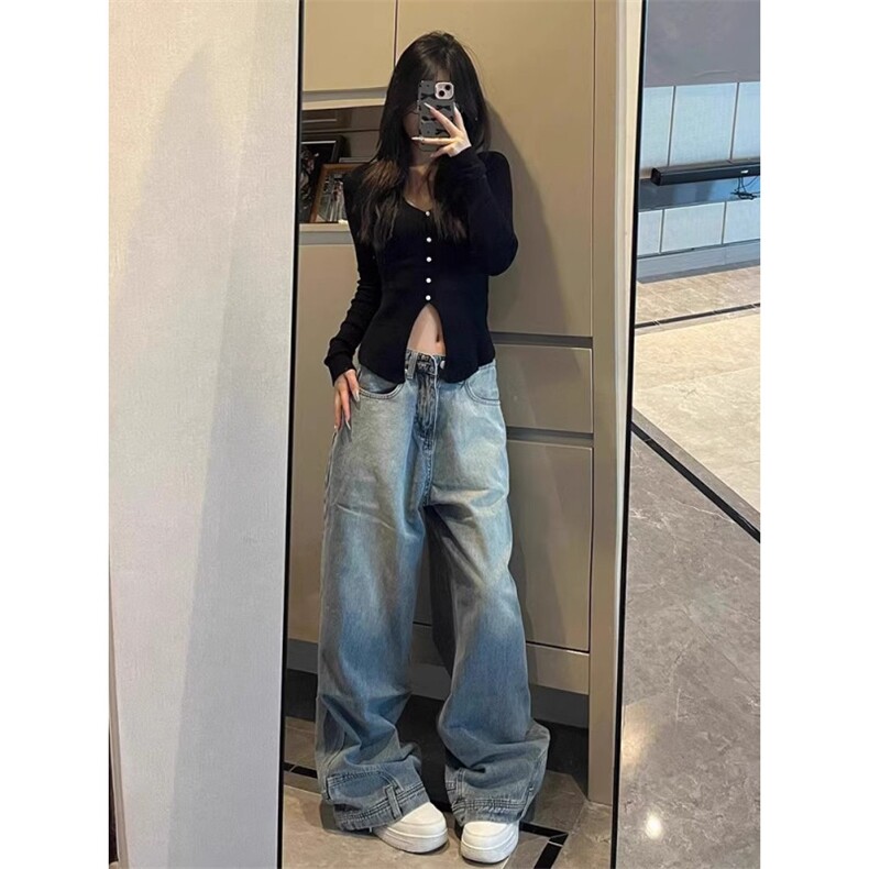 蓝色反穿倒装牛仔裤男款美式高街设计感反方向的裤子宽松直筒长裤,男装牛仔裤,星座1007（原301D）