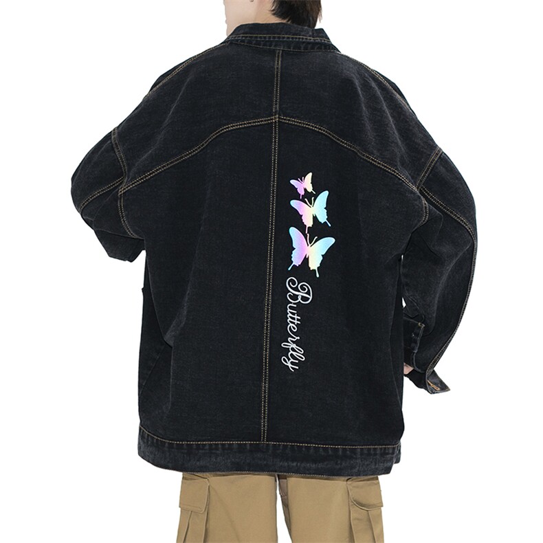 2021秋新港风大码男镭射反光炫彩蝴蝶印花牛仔衣夹克外套NJ126P70,男装夹克,电商A001