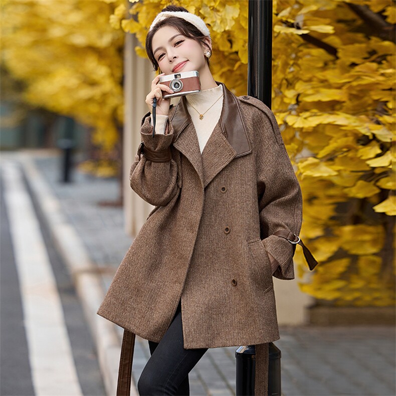 高级感PU皮拼接毛呢外套女2025秋冬新款小个子收腰显瘦英伦风大衣,女装毛呢外套,依如秀(原杭风阁)