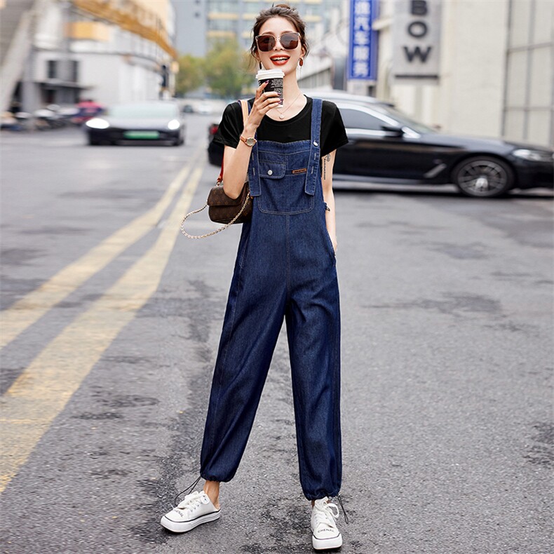 时尚简约牛仔背带裤女2025春秋新网红炸街宽松洋气显瘦阔腿两件套,女装套装/套裙,E百度