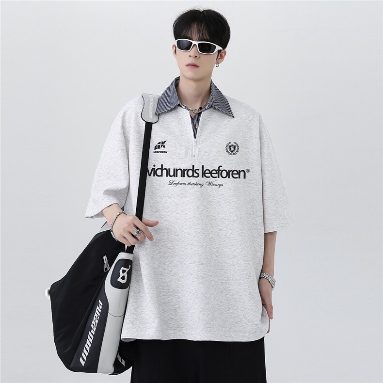 美式潮流日系cleanfit高级感半拉链polo衫假两件半袖短袖T252-P48，男装Polo衫，电商C307