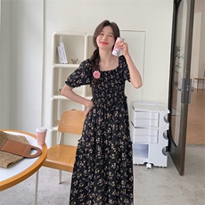 法式温柔风碎花连衣裙女2025新款夏季优雅开叉设计收腰显瘦小黑裙，女装连衣裙，浙宝203