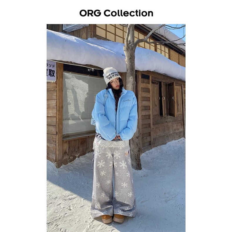 ORGCollection美式复古雪花满印褶皱加绒直筒卫裤女爵士舞阔腿裤,男装休闲裤,星座1210-1
