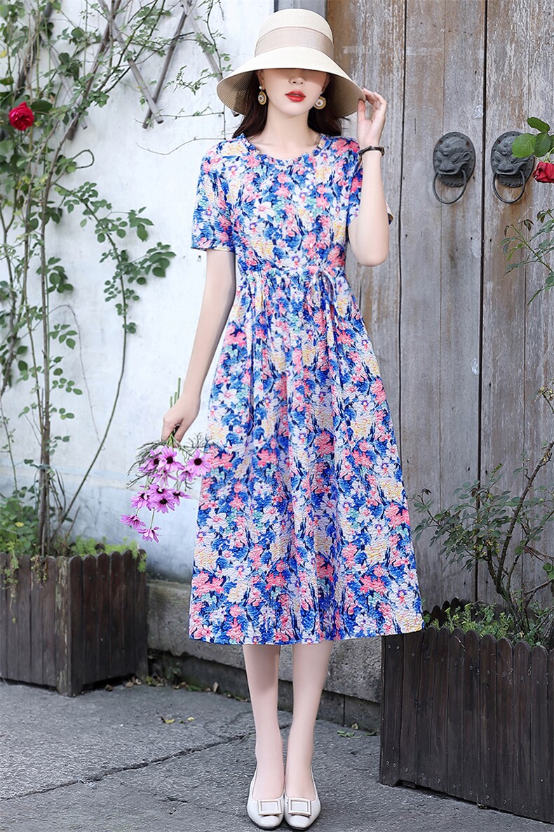 2021年夏季欣贝拉新款印花小碎花中长款棉麻连衣裙,女装连衣裙,欣贝拉