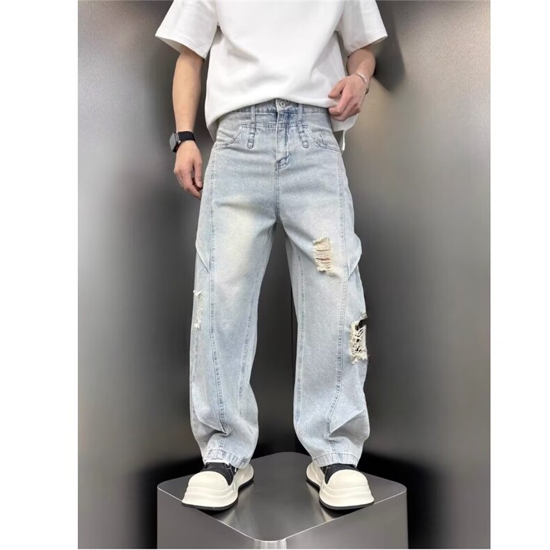 6632-P50春夏新款浅蓝色破洞刮烂牛仔裤男宽松直筒阔腿裤,男装牛仔裤,电商B323A