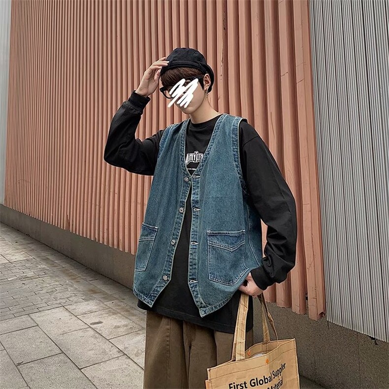 复古港风牛仔马甲男春秋口袋工装坎肩宽松潮流马甲外套XM215-P55,男装工装外套,星座1001-1
