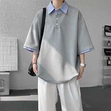 8XL-M假两件衬衫领短袖T恤大码夏季条纹拼接polo衫半袖DX1211/P45，男装T恤，电商B238