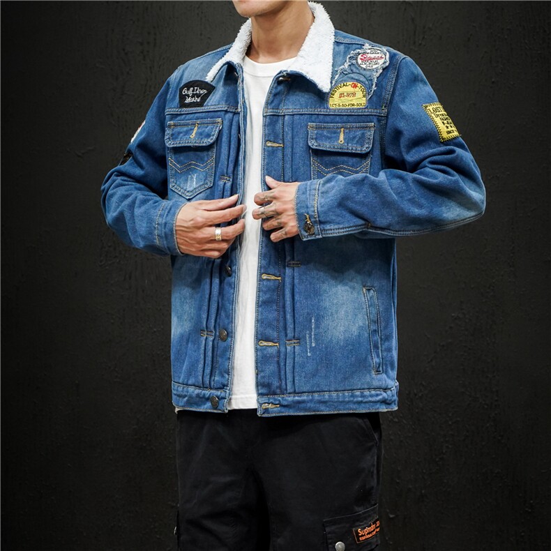 jk880-p75加绒牛仔夹克男潮流大码原宿风夹克男日系黑墙图片