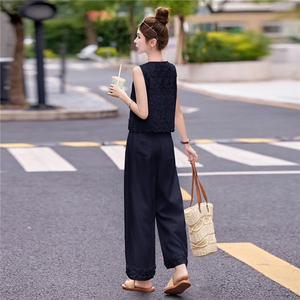 时尚套装女2025夏季新款亚麻洋气蕾丝拼接马甲高腰阔腿裤两件套潮图片