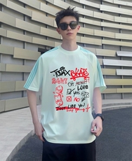 抖音得物品质二开240克宽松纯棉美式潮牌印花三条杠中性风短袖T恤，男装T恤，电商A486