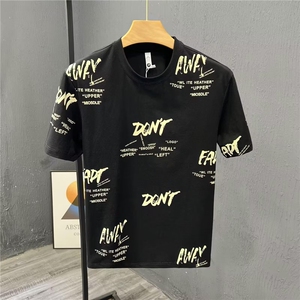 时尚满印花设计感短袖t恤男夏装大码宽松网红潮牌百搭半袖上衣服图片