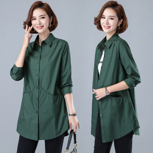 2025年秋季新款休闲大口袋中长款纯色气质淑女韩版街头百搭衬衣，女装衬衫，风姿绰