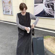 深灰色复古马甲条纹t恤上衣显瘦气质半身裙三件套女秋季2025新款，女装套装/套裙，2C198