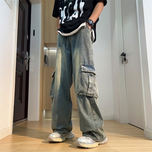 阔腿工装牛仔裤男款夏季潮牌大口袋宽松裤子水洗复古高街拖地长裤图片