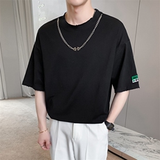 2022磨边工艺休闲宽松纯色圆领短袖T恤男送项链79009-p48控68，男装T恤，电商D303
