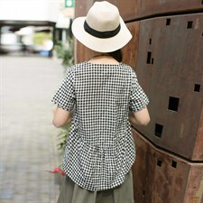 棉麻甜美圆领2025年夏季文艺短袖T恤经典格子休闲宽松娃娃衫，女装T恤，风姿绰