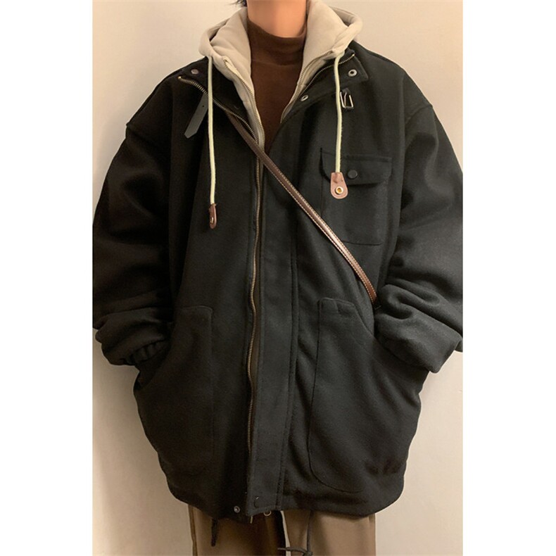 EQ158冬季新款港风日系毛呢大衣假两件加厚连帽棉服棉衣外套P145,男装毛呢大衣,电商C306-1