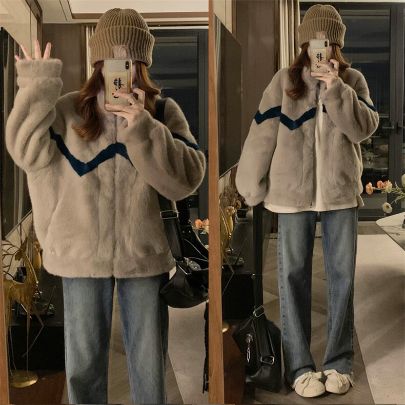 C912-P130 皮毛一体外套女冬新款学生短款羊羔毛加绒加厚宽松韩系图片