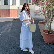 蓝色法式气质套装裙女2025夏季新款超好看泡泡袖上衣半身裙两件套，女装套装/套裙，慧尚依恋