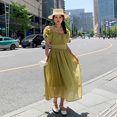 绿色收腰显瘦天丝连衣裙女2023夏季新款法式温柔轻熟风气质桔梗裙，女装连衣裙，一九零
