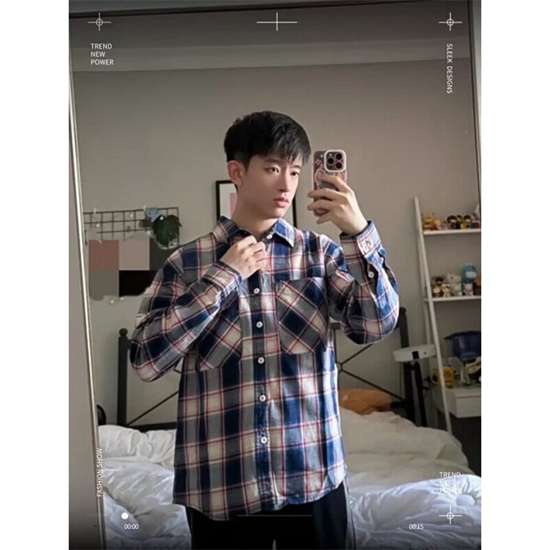 网络图现货复古秋季新款男士休闲纯棉格子长袖衬衫外套R5025-P50图片