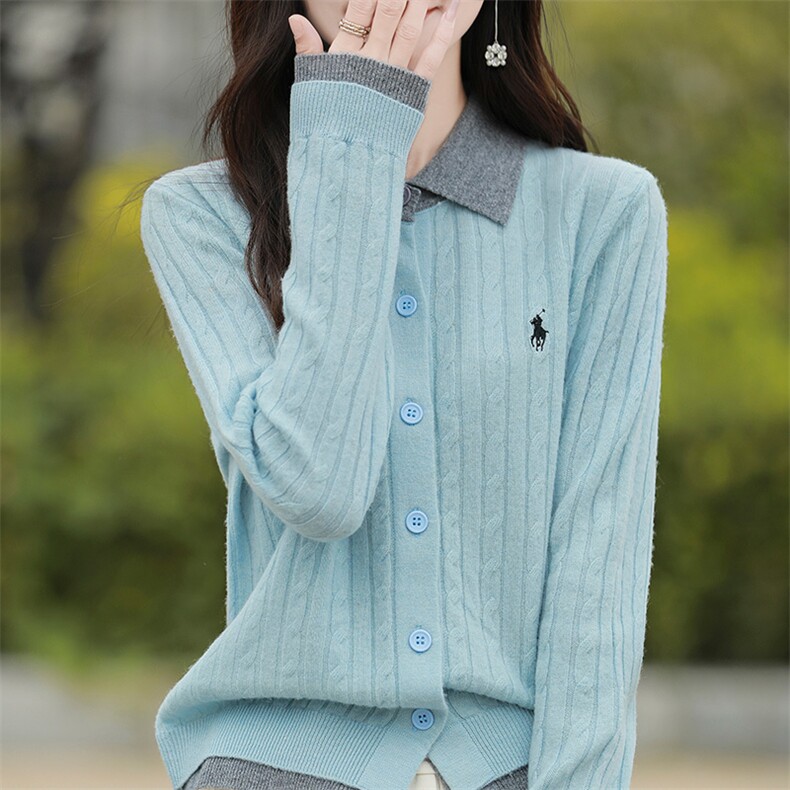 羊毛开衫女假两件针织衫Polo领上衣秋冬拼色毛衣外套,女装羊毛衫,片语羊绒