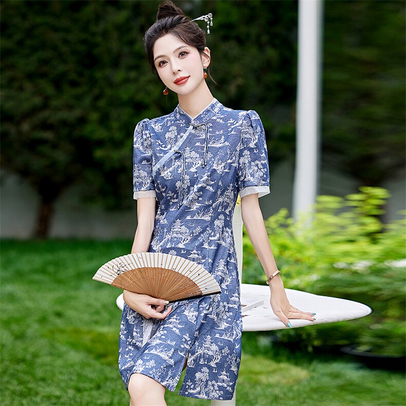 现货！中式改良版连衣裙女2024气质时尚优雅范连衣裙,女装连衣裙,涵墨