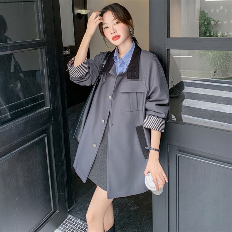 格子拼接灰色风衣外套女春季中长款小个子韩系高级感设计感流行,女装风衣,慧峰