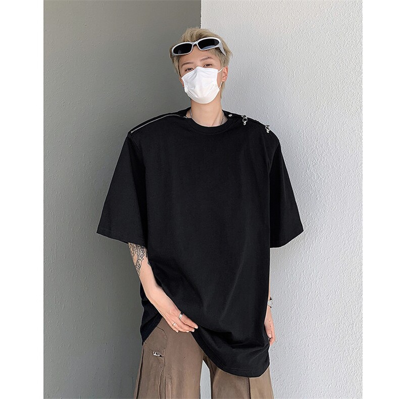 美式高街金属拉链设计垫肩纯色男短袖T恤-H86030特P18-可二次开发图片