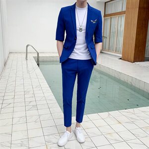 夏季印花七分袖西服套装男中袖短袖西装九分裤A470-TZ02图片