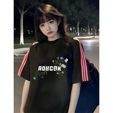 抖音得物品质二开240克宽松纯棉美式潮牌印花三条杠中性风短袖T恤，男装T恤，电商A486
