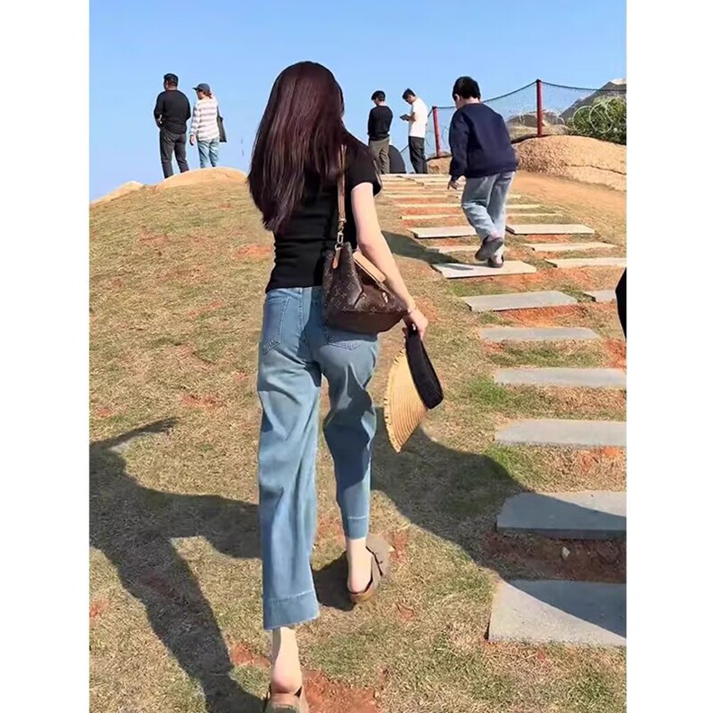 浅蓝天丝直筒牛仔裤女夏季薄款2025新款小个子女士冰丝九分阔腿裤,女装牛仔裤,星座218-8