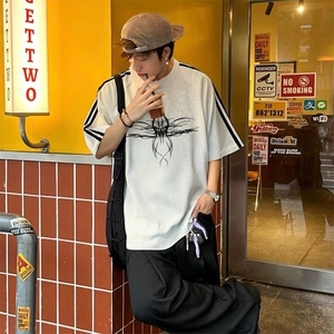 抖音得物高品质二开240克宽松纯棉美式潮牌三条杠织带短袖T恤图片