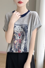 夏季轻薄凉感竹节麻撞色印花圆领宽松短袖女洋气减龄透气针织T恤，女装T恤，暖姿羊绒