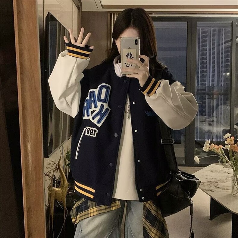 A536-P88秋季港风上衣加厚皮袖双层内里棒球服学院风男女同款，女装职业装，星座911
