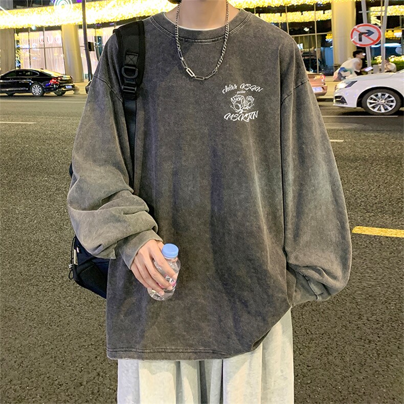 直播品质重磅纯棉美式蜡染水洗做旧潮牌宽松长袖t恤CT305特P38,男装T恤,电商A486