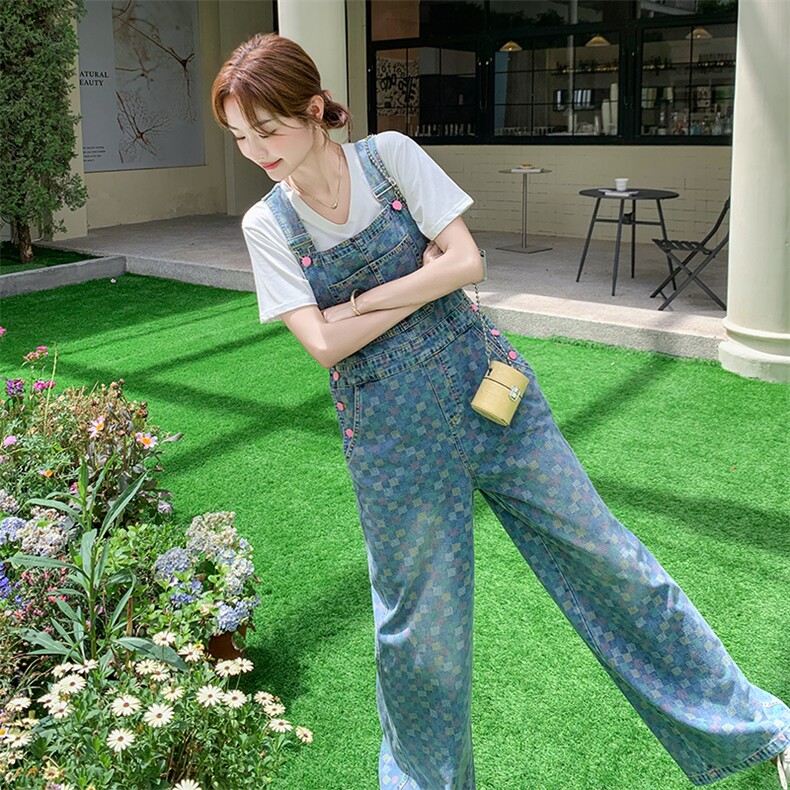 韩版格子蓝色牛仔韩系减龄背带裤女2025夏季新款甜系小个子连体裤,女装套装/套裙,2D078