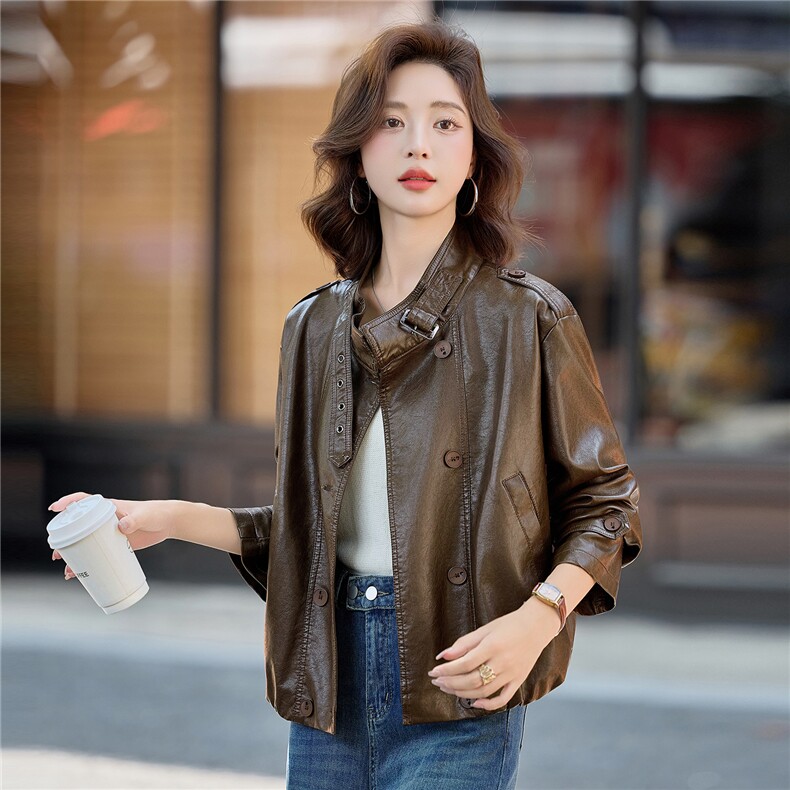 美拉德咖色短皮衣外套女2025秋季新款小个子又酷又飒立领PU皮夹克,女装皮衣,贝蕾酷儿