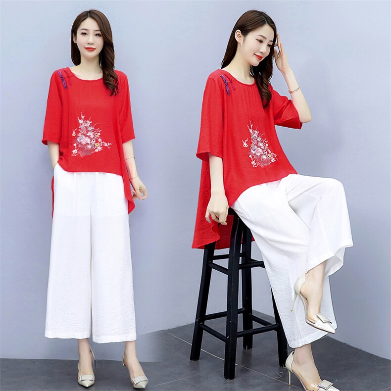 2021夏季新款简约气质圆领复古盘扣装饰时尚图案刺绣棉麻两件套,女装套装/套裙,韩宇舍