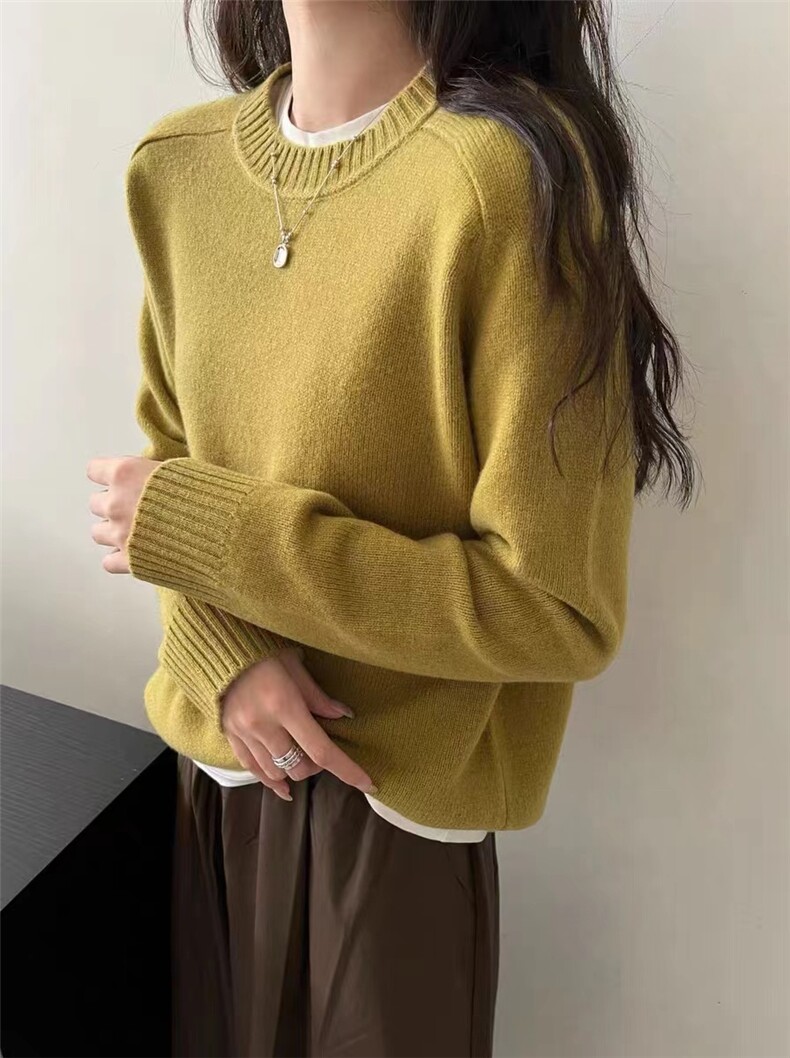时尚百搭纯毛马鞍肩圆领针织衫女款秋冬显瘦保暖毛衣,针织衫/毛衣,百纯羊绒