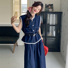 韩系气质蕾丝拼接牛仔马甲阔腿裤套装两件套女春季减龄气质穿搭，女装T恤，2D076